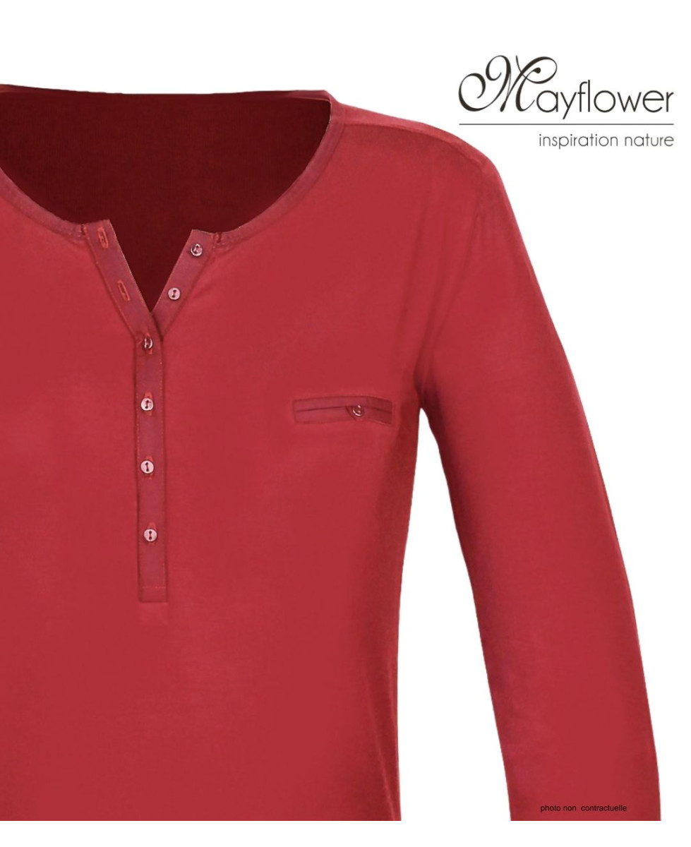 MAYFLOWER NOVICE3 : Tee-shirt rouge col tunisien satiné