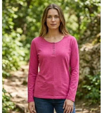 Tee-shirt femme fushia coton flammé – Manche retroussable chic