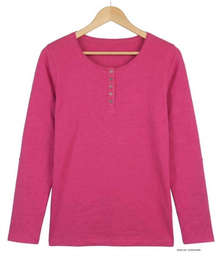 Tee-shirt femme fushia coton flammé – Manche retroussable chic