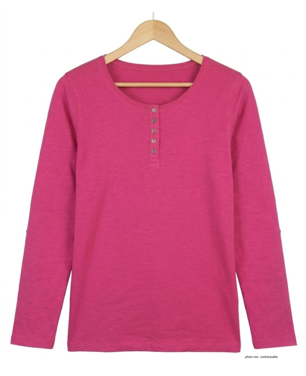 Tee-shirt femme fushia coton flammé – Manche retroussable chic