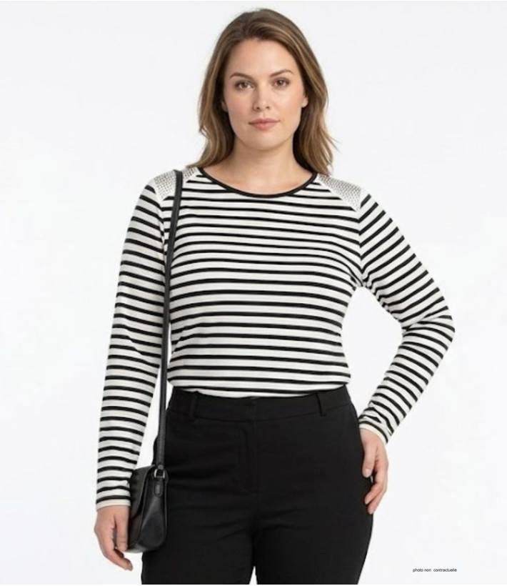 AXONE TF330E - Tee-shirt grande taille femme rayé marine et strass