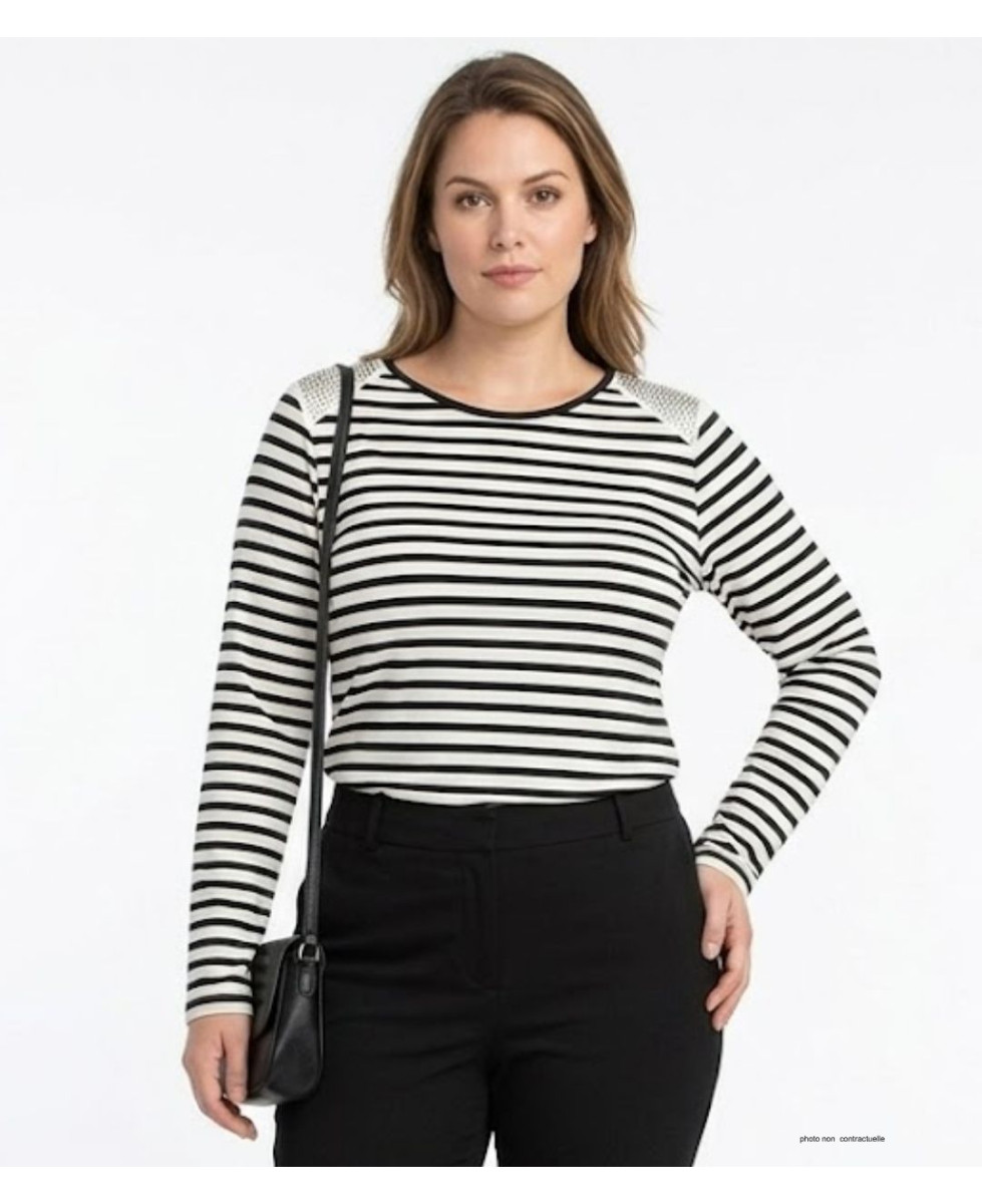 AXONE TF330E - Tee-shirt grande taille femme rayé marine et strass