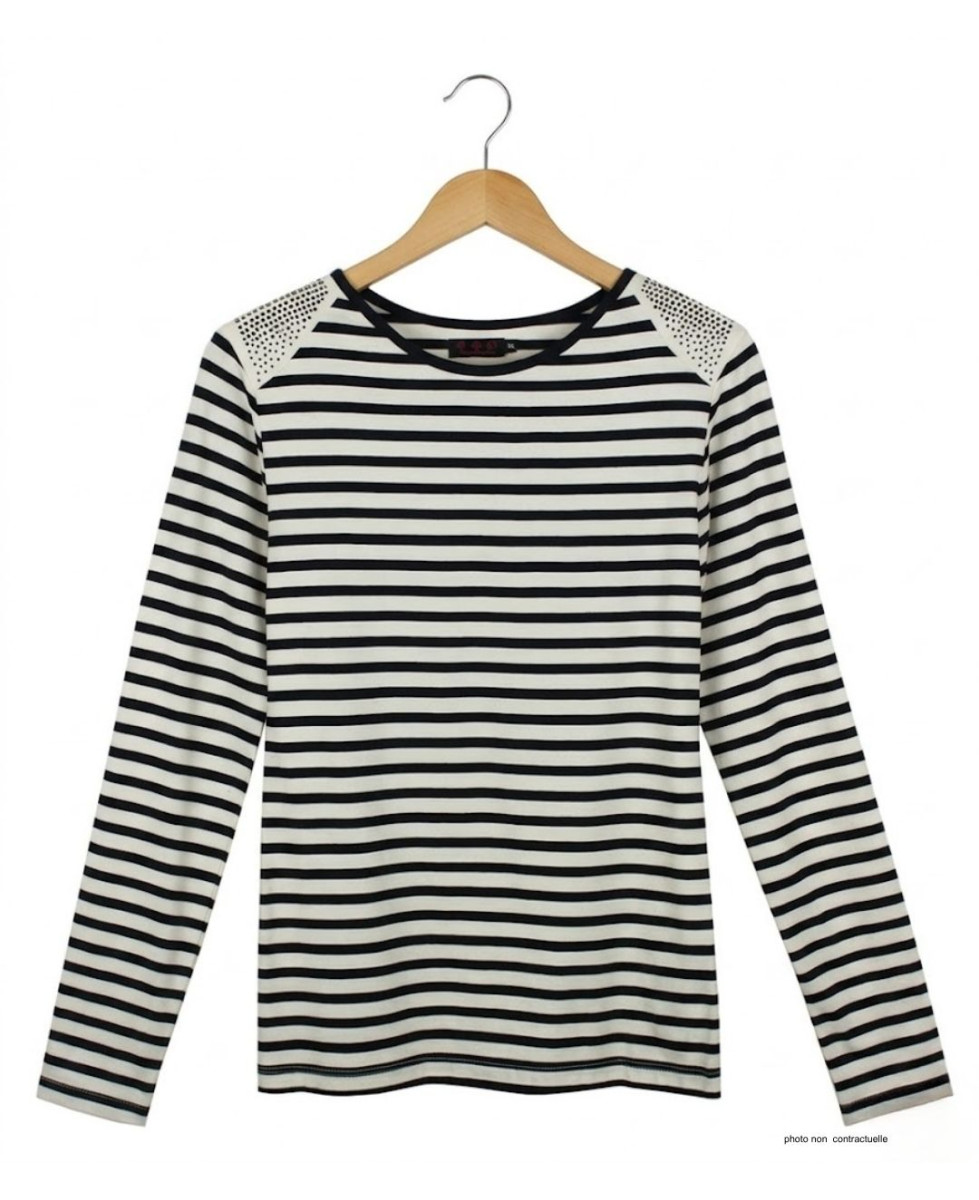 AXONE TF330E - Tee-shirt grande taille femme rayé marine et strass