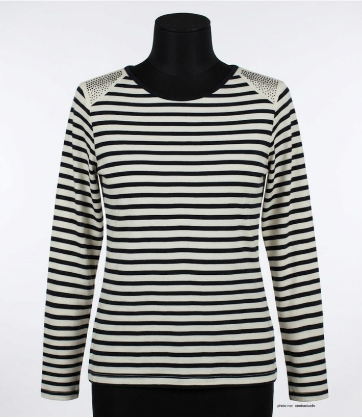 AXONE TF330E - Tee-shirt grande taille femme rayé marine et strass