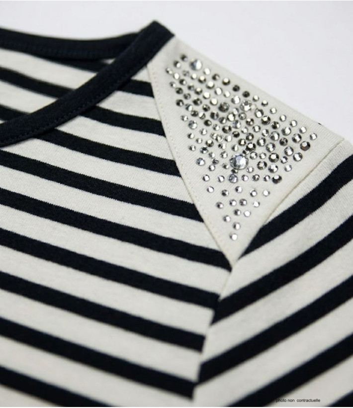 AXONE TF330E - Tee-shirt grande taille femme rayé marine et strass