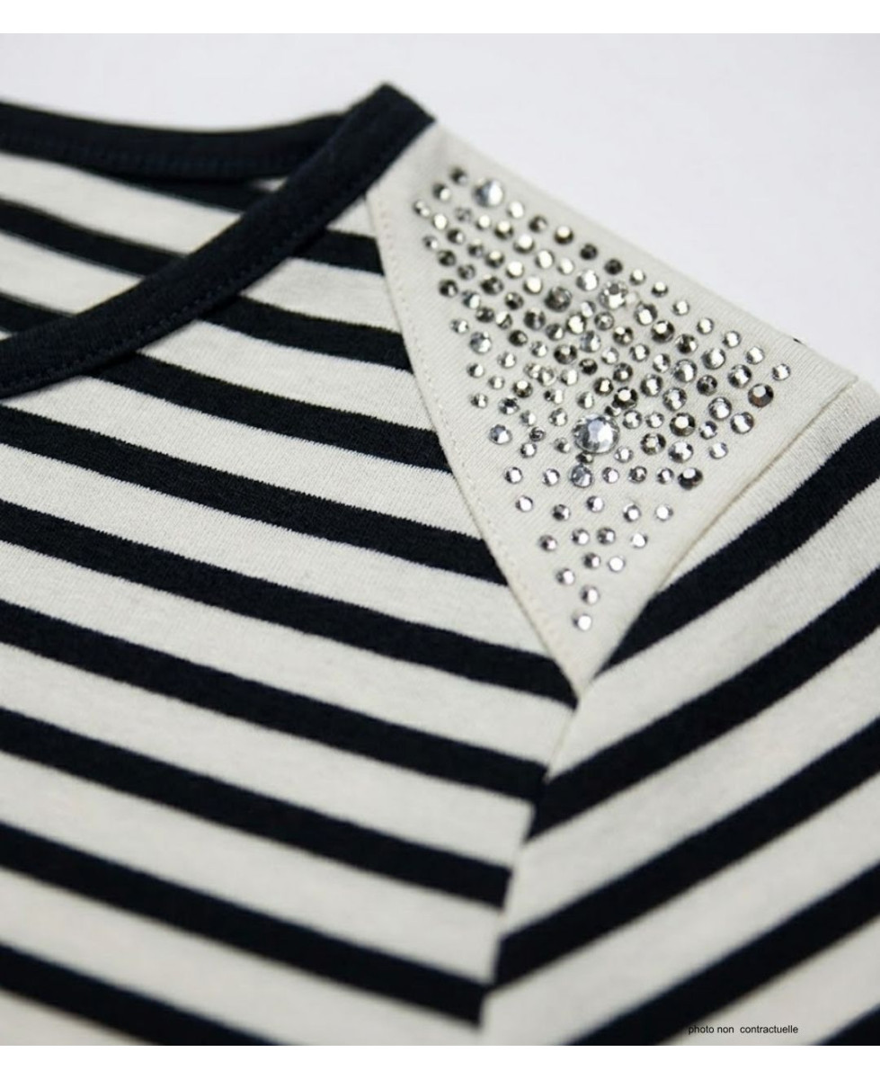 AXONE TF330E - Tee-shirt grande taille femme rayé marine et strass