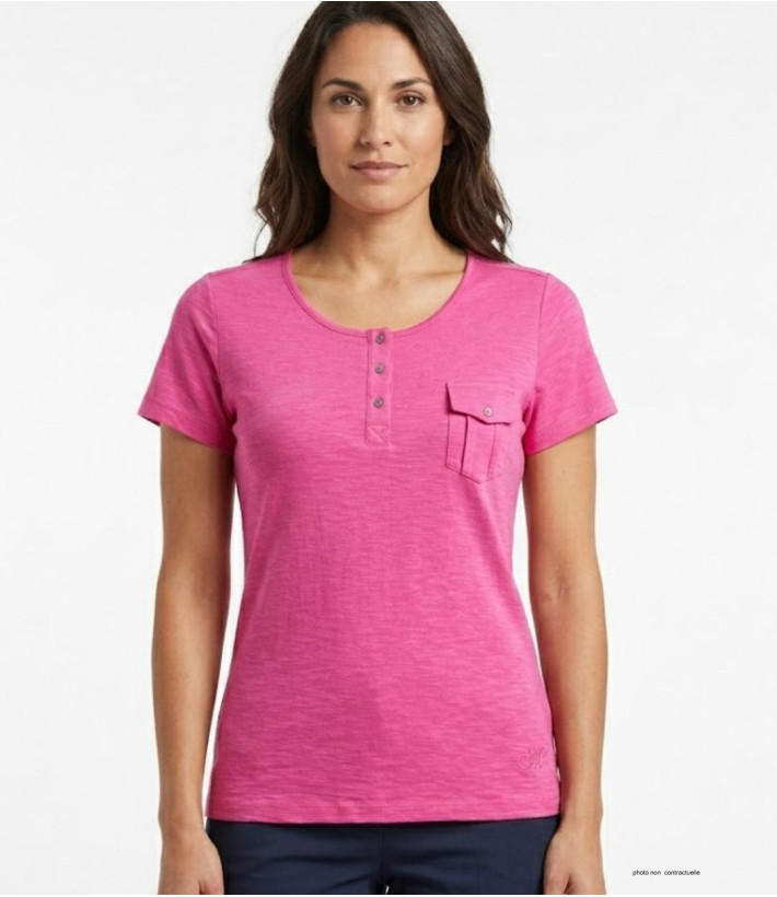 MAYFLOWER ASSIS3F - Tee-shirt Rose Fuchsia Col Boutonné Coton