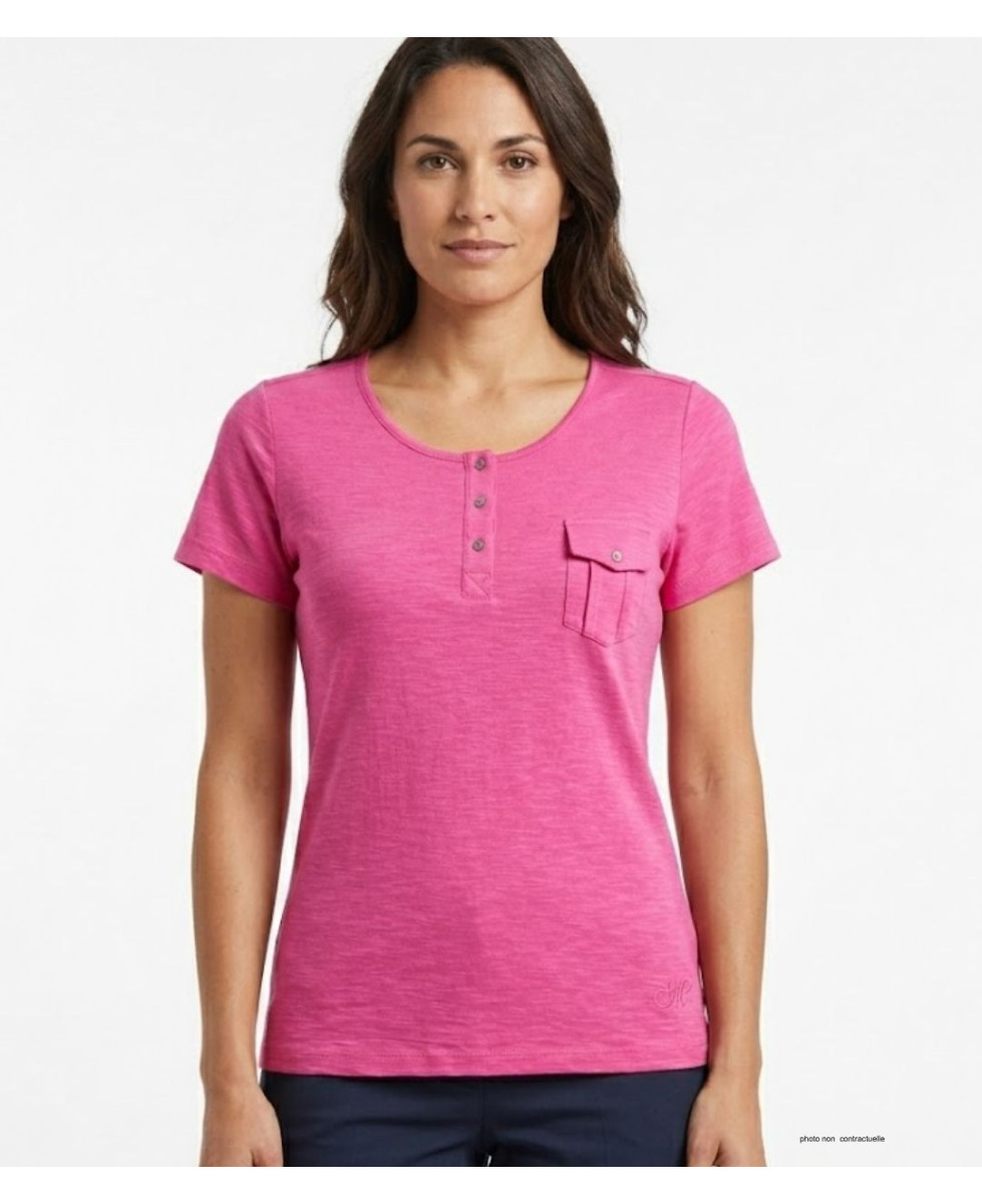 MAYFLOWER ASSIS3F - Tee-shirt Rose Fuchsia Col Boutonné Coton
