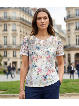 MAYFLOWER BAG15117A - Tee-shirt Fleuri Blanc avec Transparence