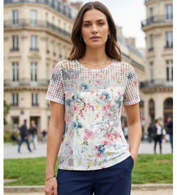 MAYFLOWER BAG15117A - Tee-shirt Fleuri Blanc avec Transparence