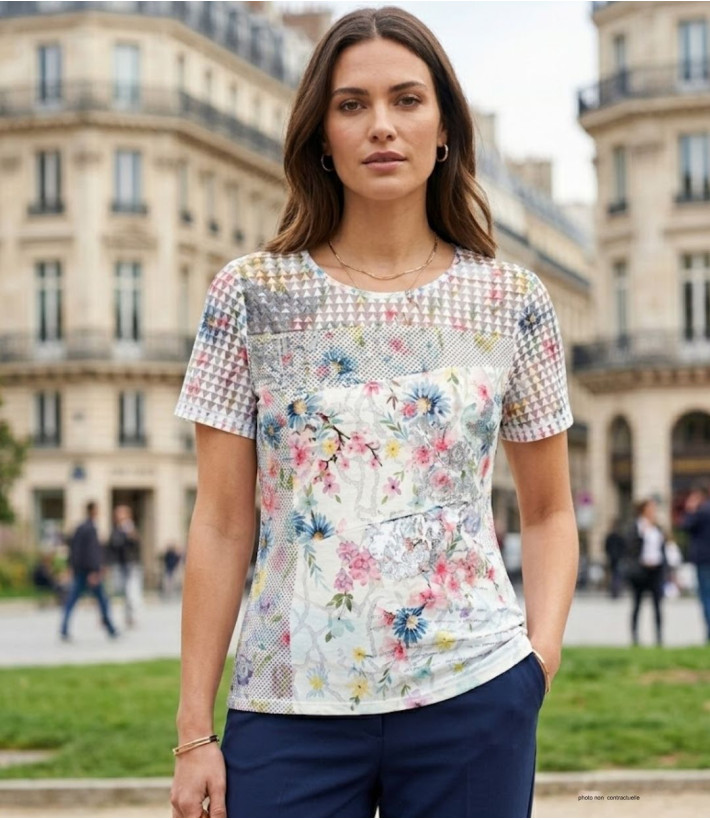 MAYFLOWER BAG15117A - Tee-shirt Fleuri Blanc avec Transparence