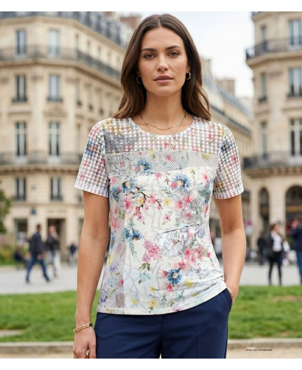 MAYFLOWER BAG15117A - Tee-shirt Fleuri Blanc avec Transparence