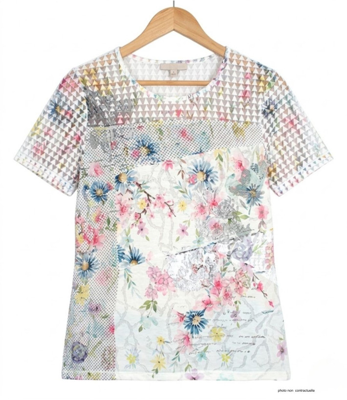 MAYFLOWER BAG15117A - Tee-shirt Fleuri Blanc avec Transparence