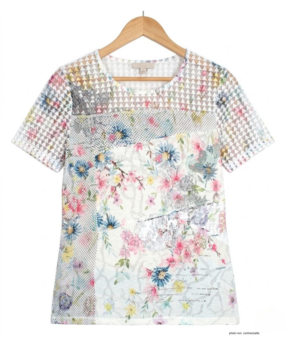 MAYFLOWER BAG15117A - Tee-shirt Fleuri Blanc avec Transparence