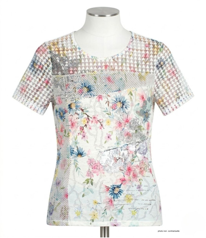 MAYFLOWER BAG15117A - Tee-shirt Fleuri Blanc avec Transparence