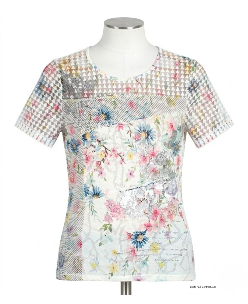 MAYFLOWER BAG15117A - Tee-shirt Fleuri Blanc avec Transparence