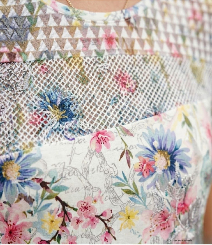 MAYFLOWER BAG15117A - Tee-shirt Fleuri Blanc avec Transparence