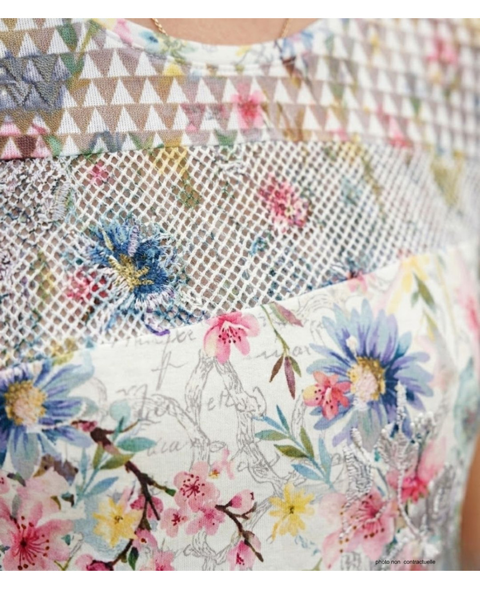 MAYFLOWER BAG15117A - Tee-shirt Fleuri Blanc avec Transparence