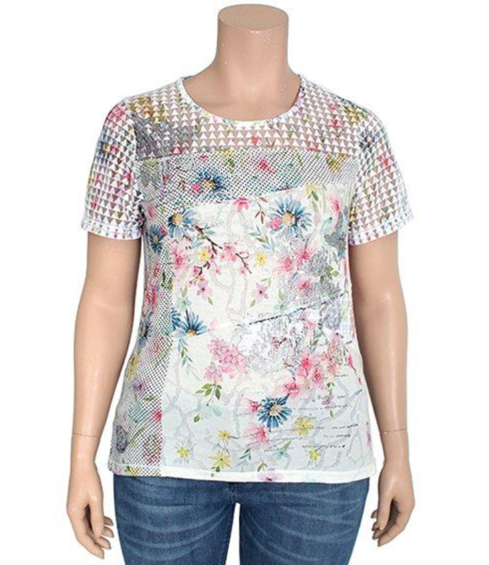 MAYFLOWER BAG15117A - Tee-shirt Fleuri Blanc avec Transparence