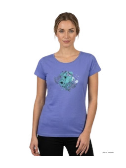 Tee-shirt femme large Mayflower modèle DANIELE3 bleu lavande avec sérigraphie florale.