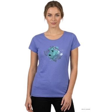 Tee-shirt femme large Mayflower modèle DANIELE3 bleu lavande avec sérigraphie florale.