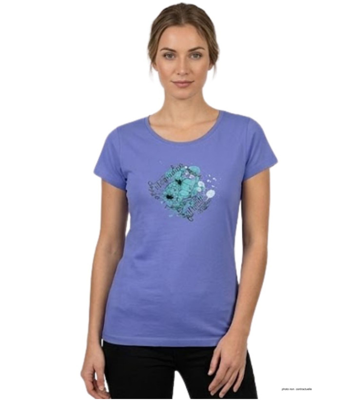 Tee-shirt femme large Mayflower modèle DANIELE3 bleu lavande avec sérigraphie florale.