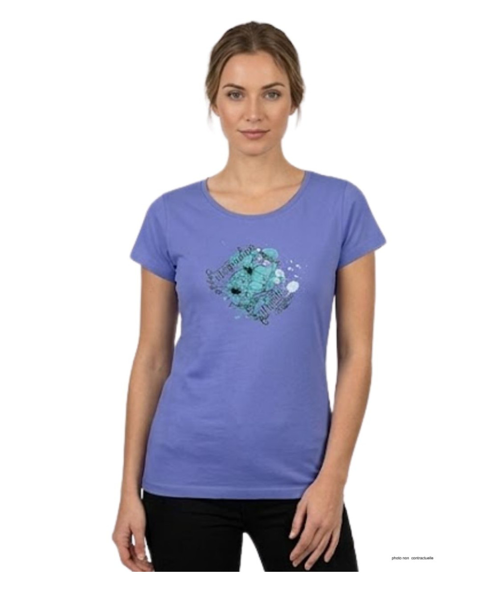 Tee-shirt femme large Mayflower modèle DANIELE3 bleu lavande avec sérigraphie florale.