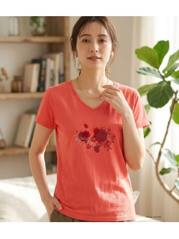 MAYFLOWER DELFINO2 - Tee-shirt Col V Rose 100% Coton Jersey