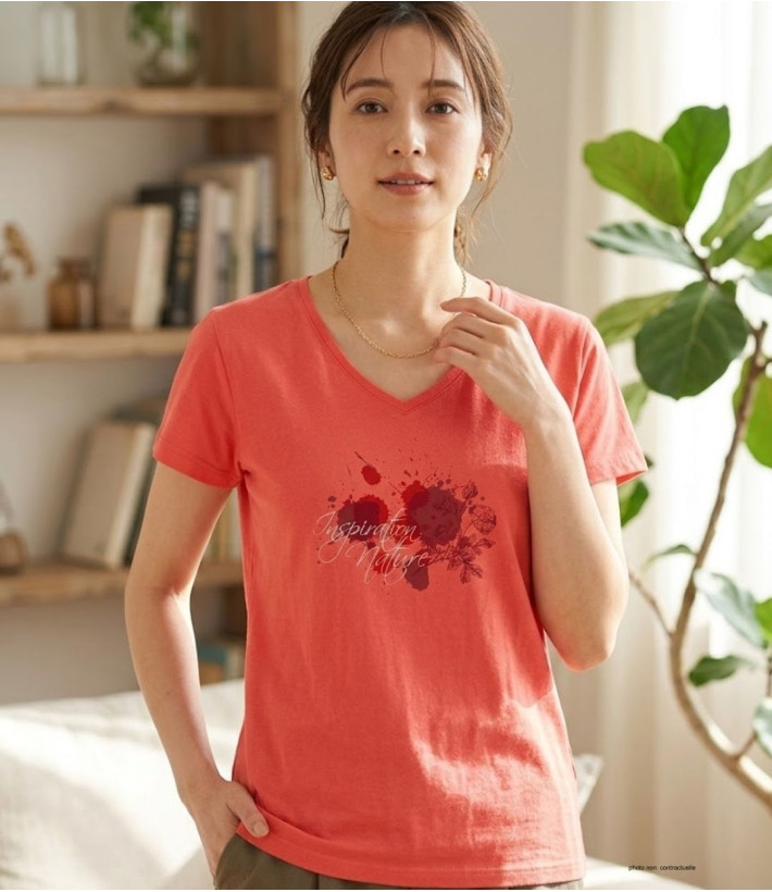 MAYFLOWER DELFINO2 - Tee-shirt Col V Rose 100% Coton Jersey