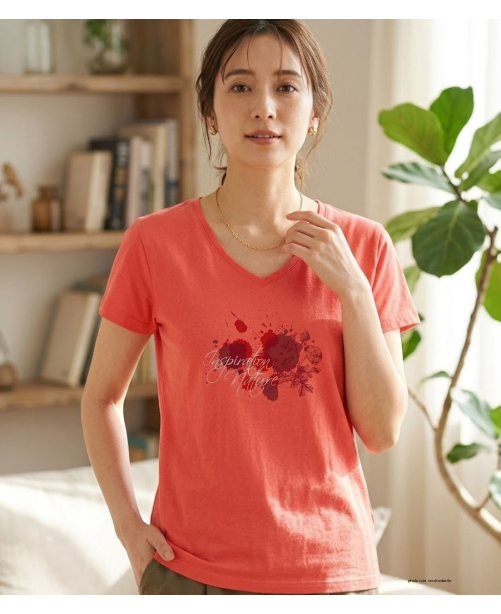MAYFLOWER DELFINO2 - Tee-shirt Col V Rose 100% Coton Jersey