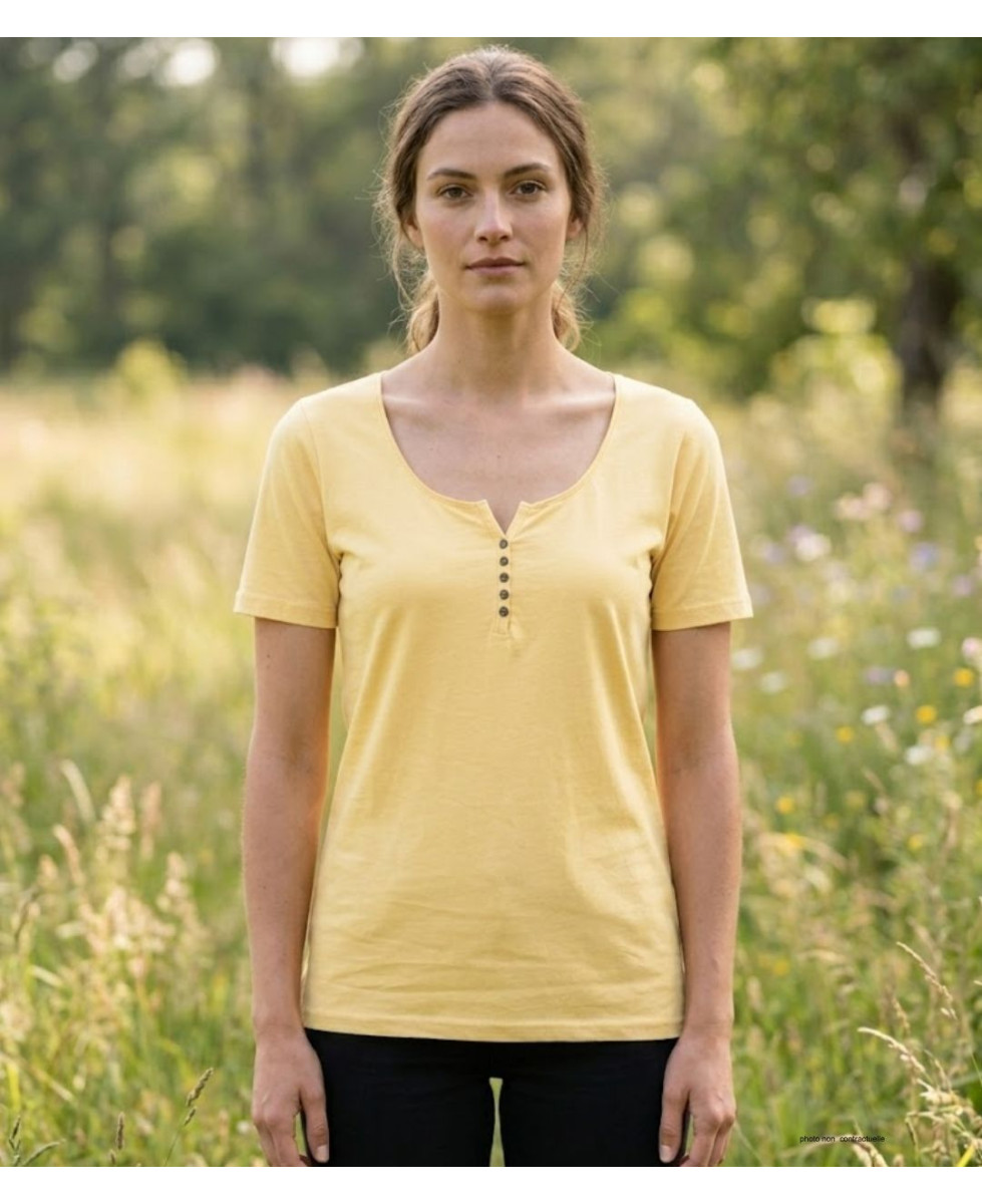MAYFLOWER DETROIT2 - Tee-shirt Coton Bio Jaune Col Boutonné