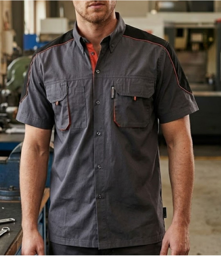 TERRATREND 3107GN : Chemise manches courtes Gris/Noir/Orange