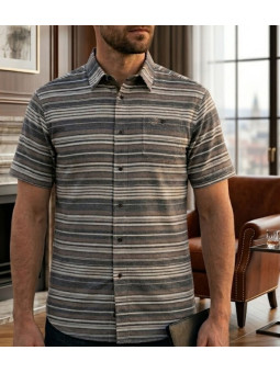 Chemise manches courtes Coton Texturé Beige & Gris à Rayures
