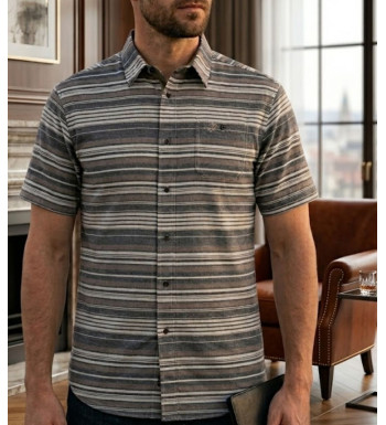 Chemise manches courtes Coton Texturé Beige & Gris à Rayures