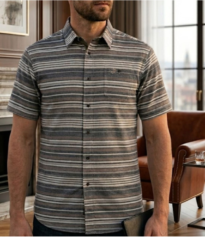 Chemise manches courtes Coton Texturé Beige & Gris à Rayures