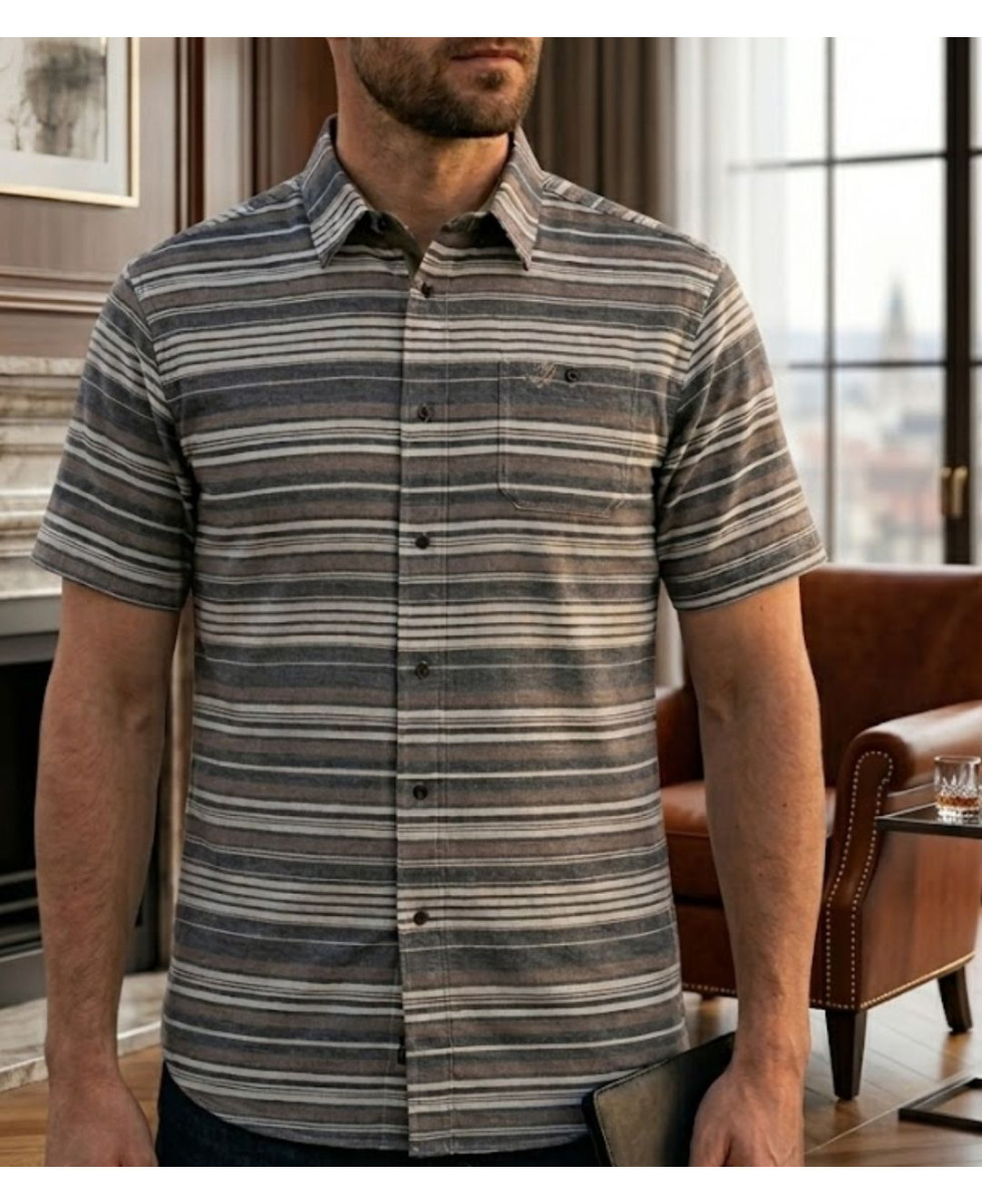 Chemise manches courtes Coton Texturé Beige & Gris à Rayures