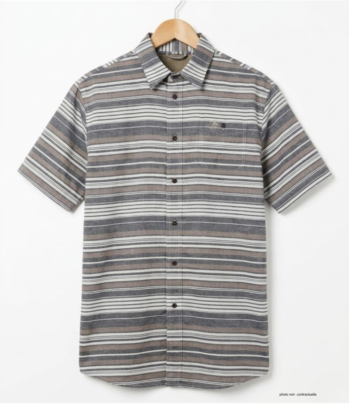 Chemise manches courtes Coton Texturé Beige & Gris à Rayures