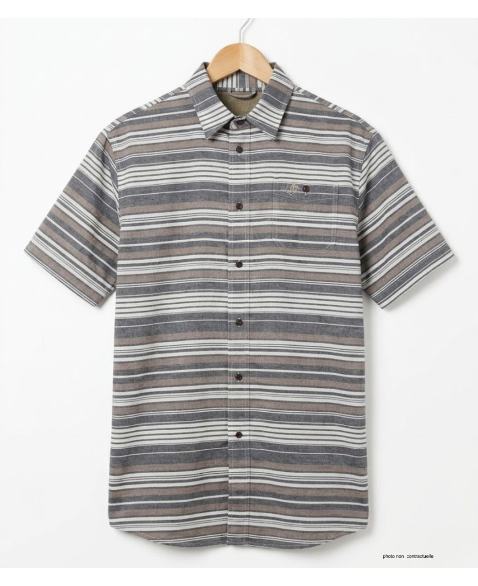 Chemise manches courtes Coton Texturé Beige & Gris à Rayures