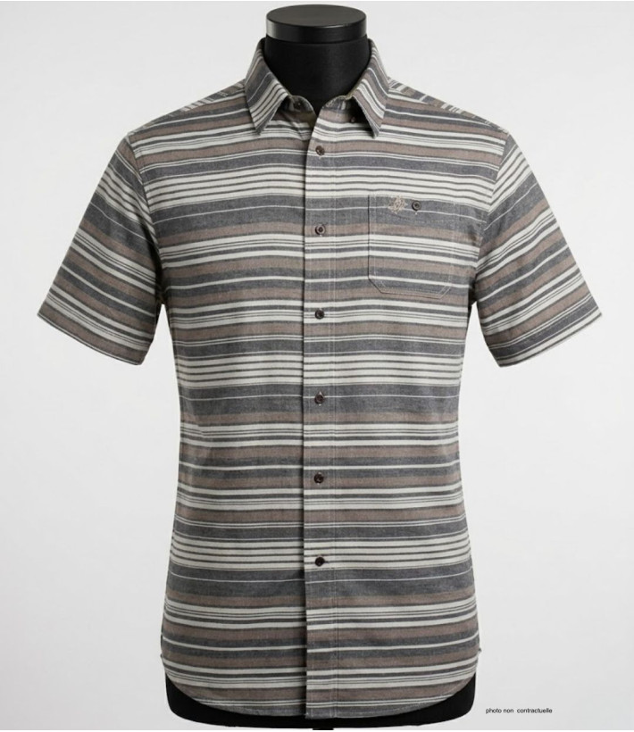 Chemise manches courtes Coton Texturé Beige & Gris à Rayures