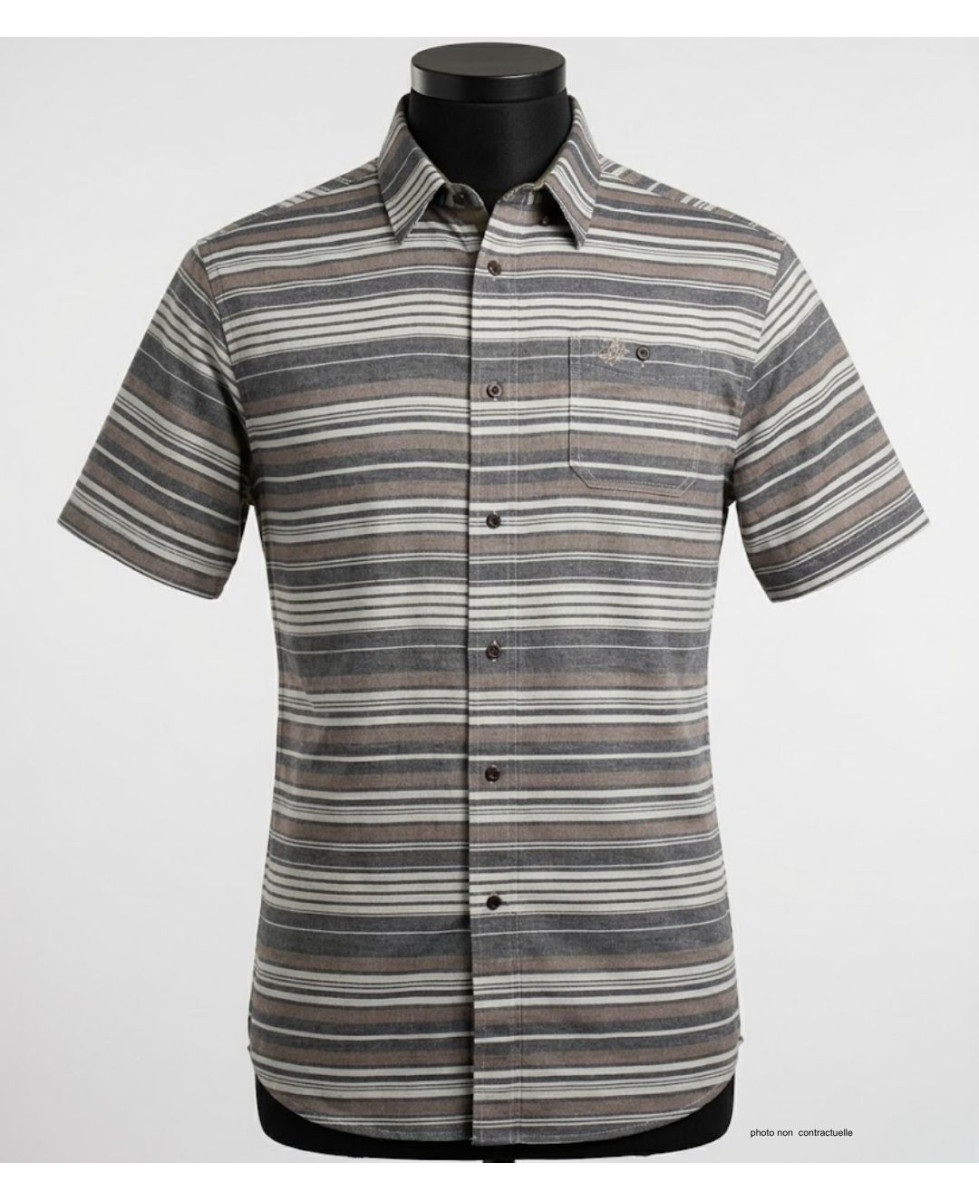 Chemise manches courtes Coton Texturé Beige & Gris à Rayures