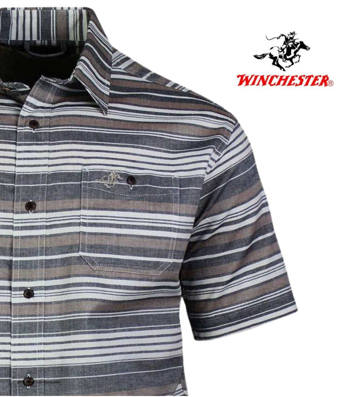 Chemise manches courtes Coton Texturé Beige & Gris à Rayures