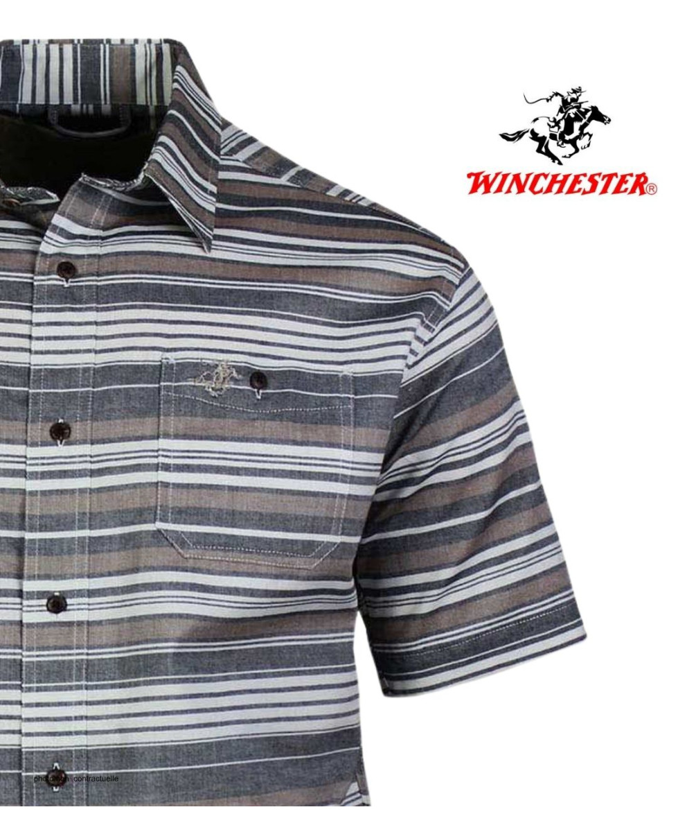 Chemise manches courtes Coton Texturé Beige & Gris à Rayures