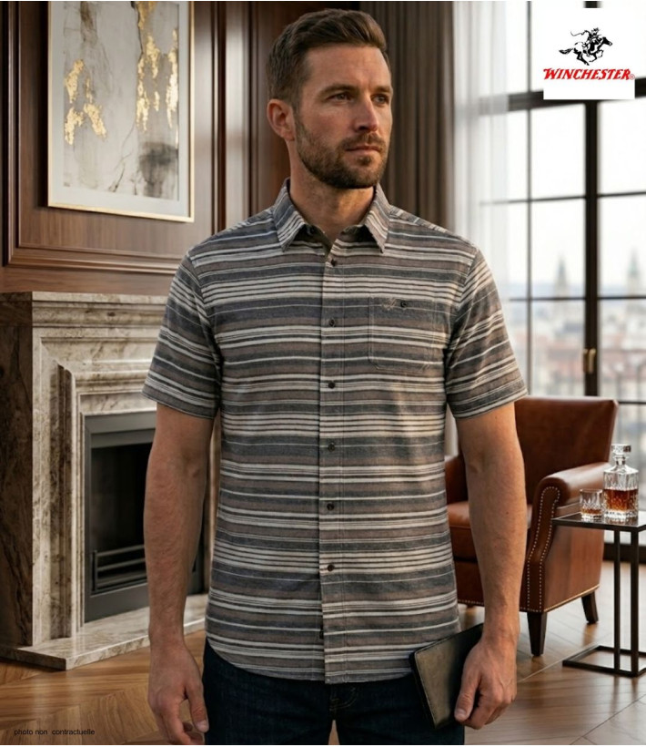 Chemise manches courtes Coton Texturé Beige & Gris à Rayures