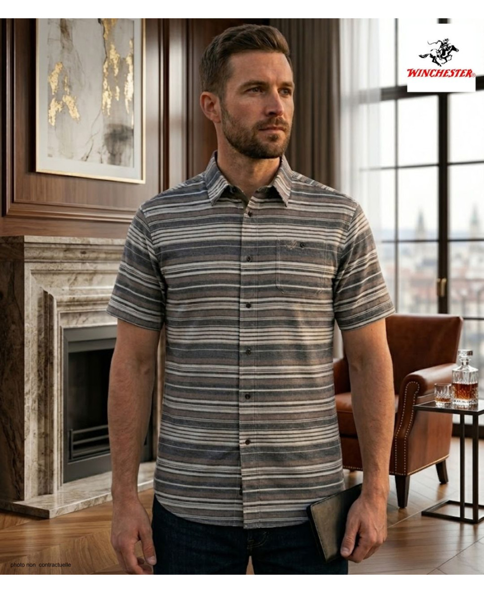 Chemise manches courtes Coton Texturé Beige & Gris à Rayures