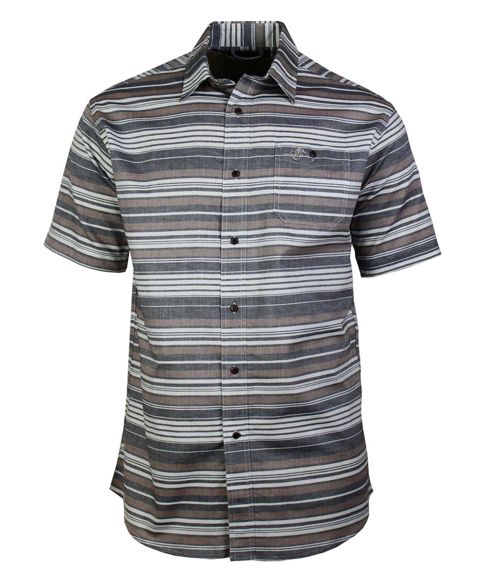 Chemise manches courtes Coton Texturé Beige & Gris à Rayures