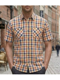 Winchester Topeka1 - Chemise Manches Courtes Coton Corail & Bleu
