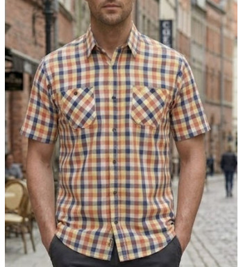 Winchester Topeka1 - Chemise Manches Courtes Coton Corail & Bleu