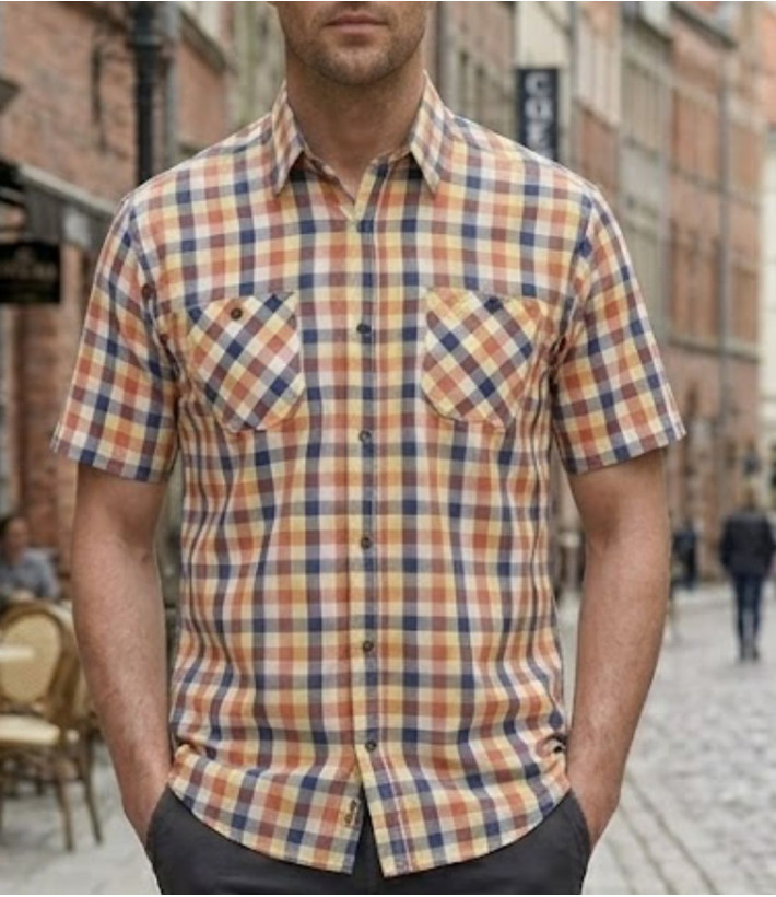 Winchester Topeka1 - Chemise Manches Courtes Coton Corail & Bleu
