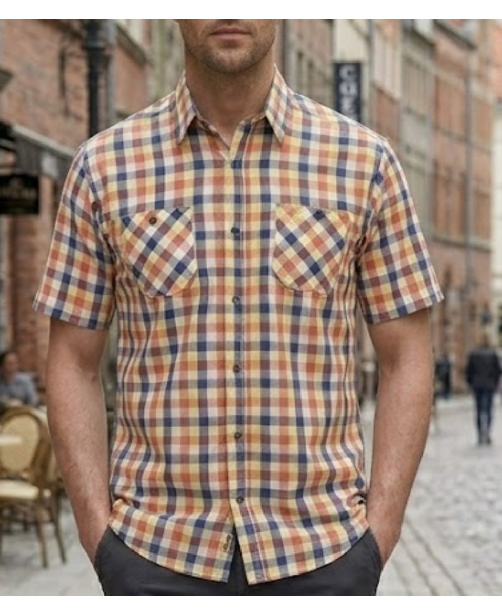 Winchester Topeka1 - Chemise Manches Courtes Coton Corail & Bleu