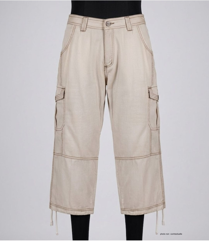 AXXANO AE1271B : Pantacourt Femme Rayé Blanc et Beige